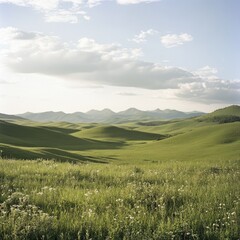 Fototapeta premium A wide-angle shot of a green savannah, with rolling hills and distant mountains under a bright sky