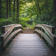 Obraz premium A wooden bridge in the middle of a nature trail, with the surrounding forest creating a serene atmosphere