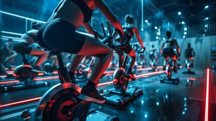 Elite Athletes in High-Tech Sports Facility Engaged in Intense Group Spin Class