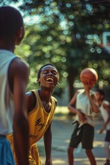 Joyful Kids Playing Basketball in Local Park - Youthful Energy and Laughter, Summer Activity
