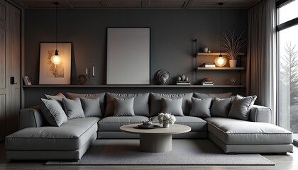 A modern decorated living room with a big couch and paintings on the wall..