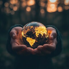 Fototapeta premium Hands holding a glowing globe, highlighting the importance of global awareness and environmental stewardship