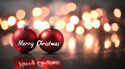 Two red balls with Merry Christmas text on bokeh background with lights. Xmas and New Year greeting card holiday theme