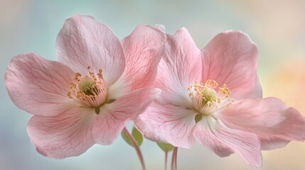 Fototapeta premium Three delicate pink flowers are grouped together, showcasing their soft color and gentle beauty.