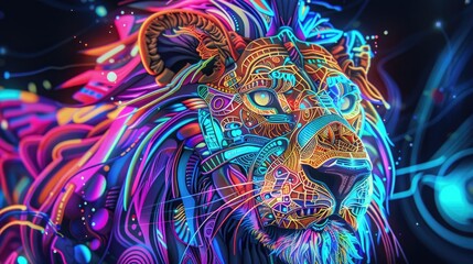 Abstract Neon Lion Art