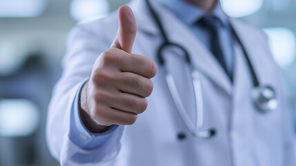 Doctor giving a thumbs-up gesture in a hospital setting, emphasizing approval and success.
