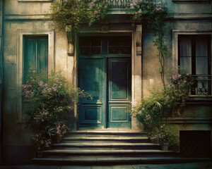 Old Blue Door with Ornate Design and Ivy-Covered Walls in a Picturesque Historical House. Vintage Door, Entrance in Cute Old Building