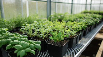 Young green plants growing in pots in a sunny greenhouse.