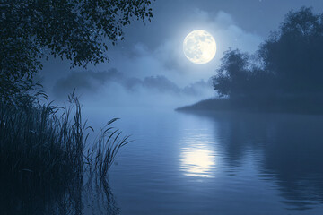 Fototapeta premium A mystical scene with a full moon shining over a foggy river, creating an enchanting and surreal atmosphere. Suitable for themes such as nature, landscape, and fantasy.