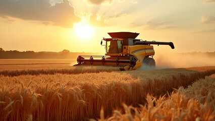 Fototapeta premium Rotary straw walker cut and threshes ripe wheat grain. Combine harvesters with grain header, wide chaff spreader reaping cereal ears. Gathering crop by agricultural machinery on field on summer season