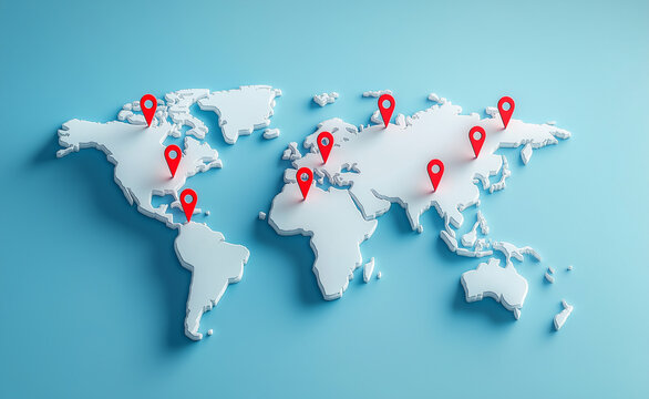 Fototapeta World map with red location pins connected by lines, representing global connections.