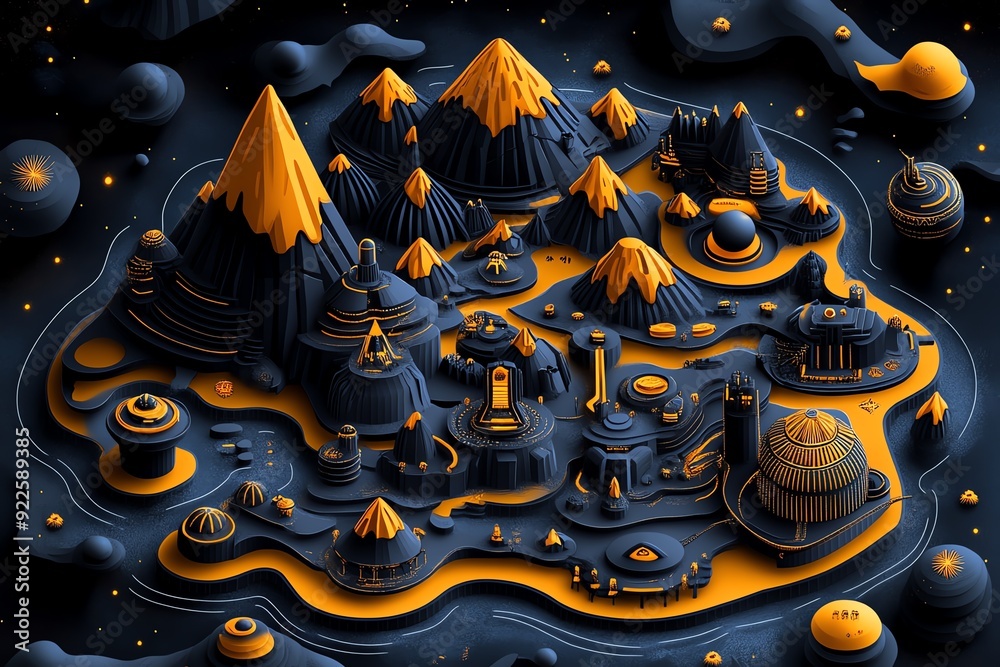 Poster surreal futuristic landscape with abstract orange and black geometric forms in space, depicting a sc