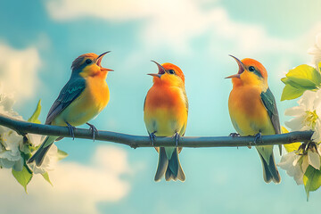 Three Birds Singing Songs sitting on the brunch. Spring time