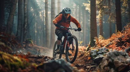 Professional Mountain Biker Navigating Rocky Downhill Trail in Dense Forest - High-Speed Adventure