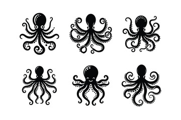 set of octopus silhouettes on white background