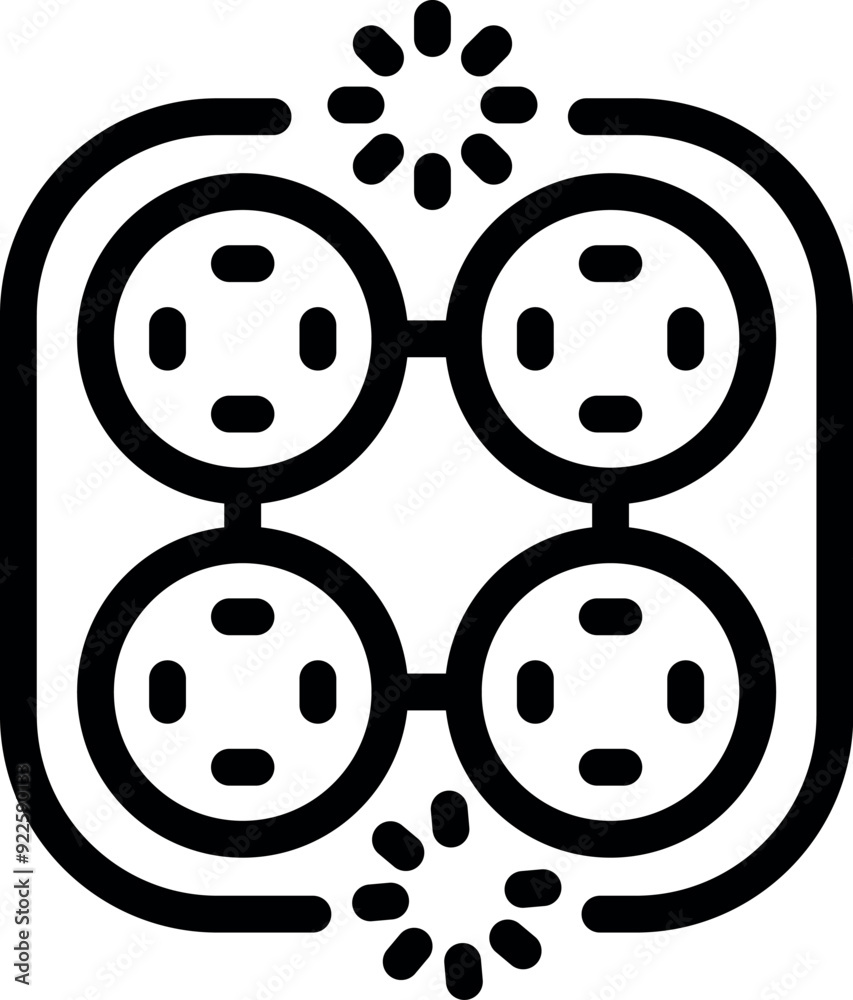 Sticker Black outline style icon representing an extension cord with four sockets and sparks illustrating electricity consumption