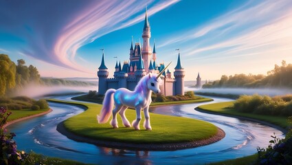 Obraz premium Pink unicorn in idyllic landscape, wonder Land Kid's Dream With Pink glitter color, Castle and River