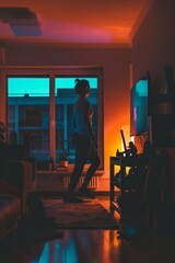 Fototapeta premium High-Intensity Interval Training Session in Compact Urban Apartment with Minimal Equipment