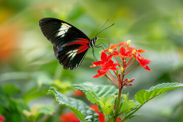 Fototapeta premium Black and Red Butterfly on Flower - Vibrant and Delicate Nature Scene Capturing the Beauty of Pollination in the Garden