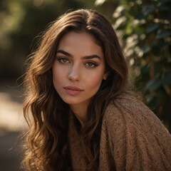 Naklejka premium Golden Hour Glow: Portrait of a Woman with Flowing Hair and Warm Tones