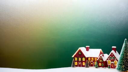 Snow-covered festive houses and trees under soft winter lighting