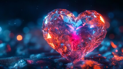 A stunning and beautiful heartshaped crystal reflects vibrant colors and shines brilliantly in a sparkling setting