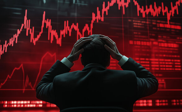 Stressed man looking at declining stock market graphs on a computer screen.