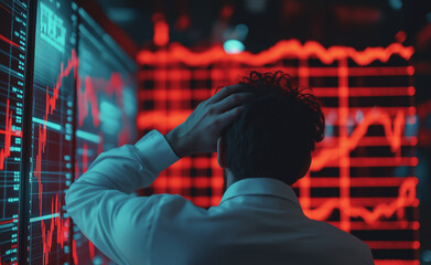 Fototapeta premium Stressed man looking at declining stock market graphs on a computer screen.