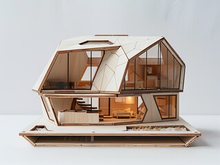 Blank white background, product showcase, toy-sized house with a geometric facade, modern wooden architecture by MIEDT, award-winning and innovative design, contest winner, polished look, no