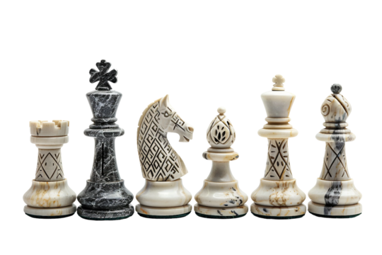 exquisite antique chess set with hand-carved marble components isolated on transparent background