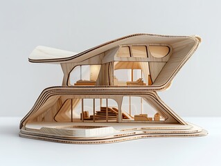 Blank white background, product showcase, toy-sized house with a futuristic angular roof, modern minimalistic wooden architecture by MIEDT, award-winning, contest winner, polished and detailed, no