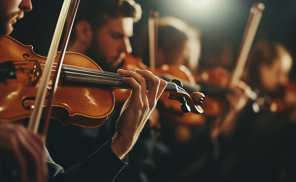 Close-up of violinists playing their instruments in unison during a classical music performance.