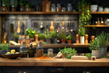 Fototapeta premium Kitchen counter with fresh herbs and spices displayed in glass jars and bottles