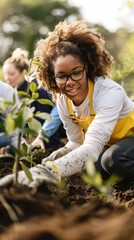 Volunteers engage in planting young trees while enjoying a sunny afternoon in a community garden