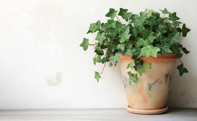 A green ivy plant growing in a weathered terracotta pot against a white background.
