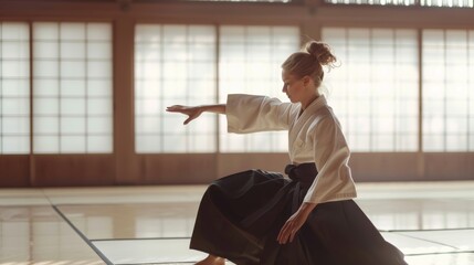 Aikido Practitioner in Traditional Dojo Gracefully Executes Throw in a Serene Setting