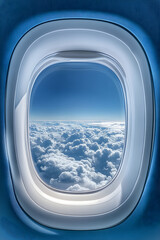 The blue sky is filled with clouds and the windows of the airplane are open. The view from the windows is breathtaking and the passengers are enjoying the view