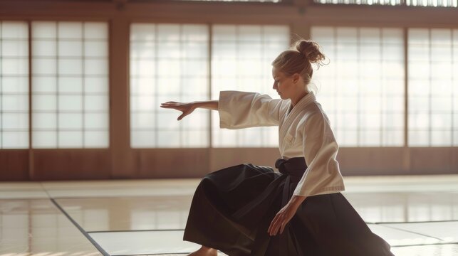 Aikido Practitioner in Traditional Dojo Gracefully Executes Throw in a Serene Setting