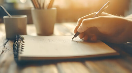 A person is writing in a spiral notebook. The writing is in cursive style and he is a personal journal entry. The notebook is placed on a wooden table, and the sunlight is shining on it