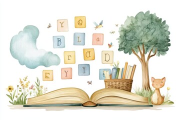 A whimsical watercolor illustration featuring an open book, alphabet blocks, a tree, flowers, a basket of books, a cute cat, and playful birds and insects.