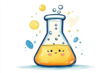 A charming cartoon beaker filled with yellow liquid, featuring a smiling face in a watercolor style.