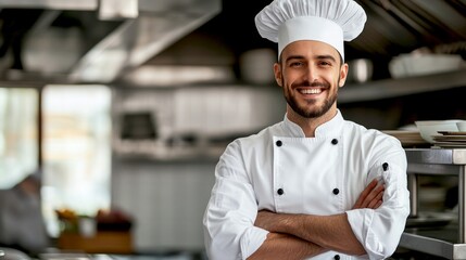 A happy male chef stands proudly in a modern restaurant kitchen. He wears a classic white uniform and a chef hat. This image captures the essence of culinary passion and professionalism. AI