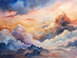 A watercolor painting of a cloudy sky at sunset, showcasing dusks colors