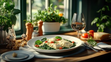 A whimsical ravioli scene, with spinach and cheese ravioli playfully arranged and surrounded by imaginative food elements.