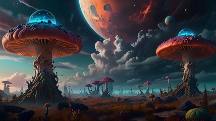 An otherworldly landscape with towering, other dimensional mushrooms in unusual shapes and colors, with strange, glowing plants, and an eerie sky filled with swirling clouds and distant planets