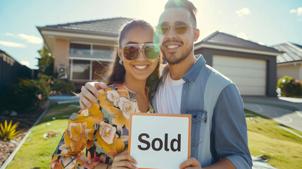 Young Couple Celebrating New Home Purchase Holding Sold Sign in Front of Modern Suburban House