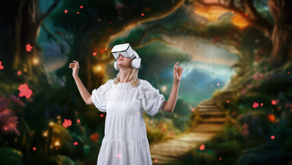 Excited woman wearing VR with stretching arms getting fresh air in wonderland fairytale forest...