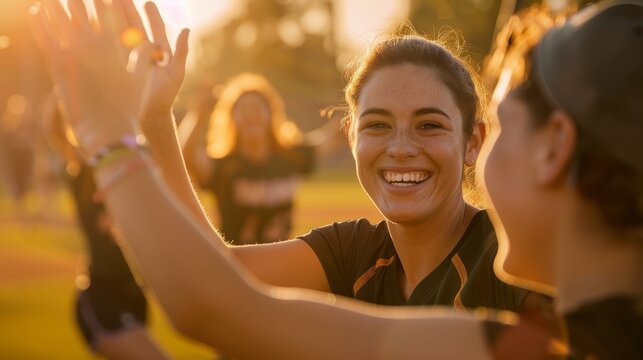 Softball Team Celebrating Victory at Sunset with High Fives and Joyful Smiles on the Field - Powered by Adobe