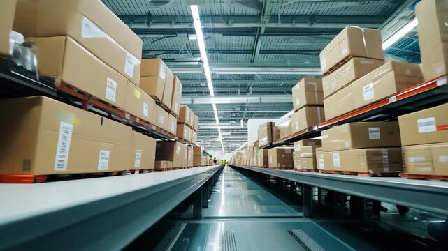 A bustling distribution center features rows of stacked boxes on shelves, highlighting the efficiency of inventory management.