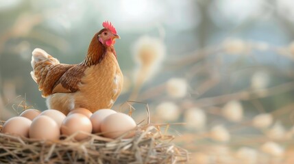 Hen Nesting With Fresh Eggs in A Rustic Setting
